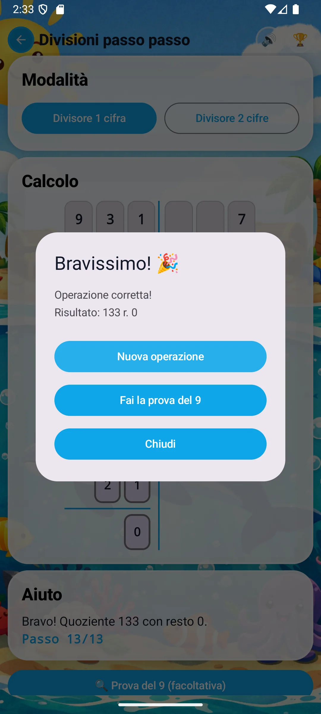 Divisione completata: 133 r.0