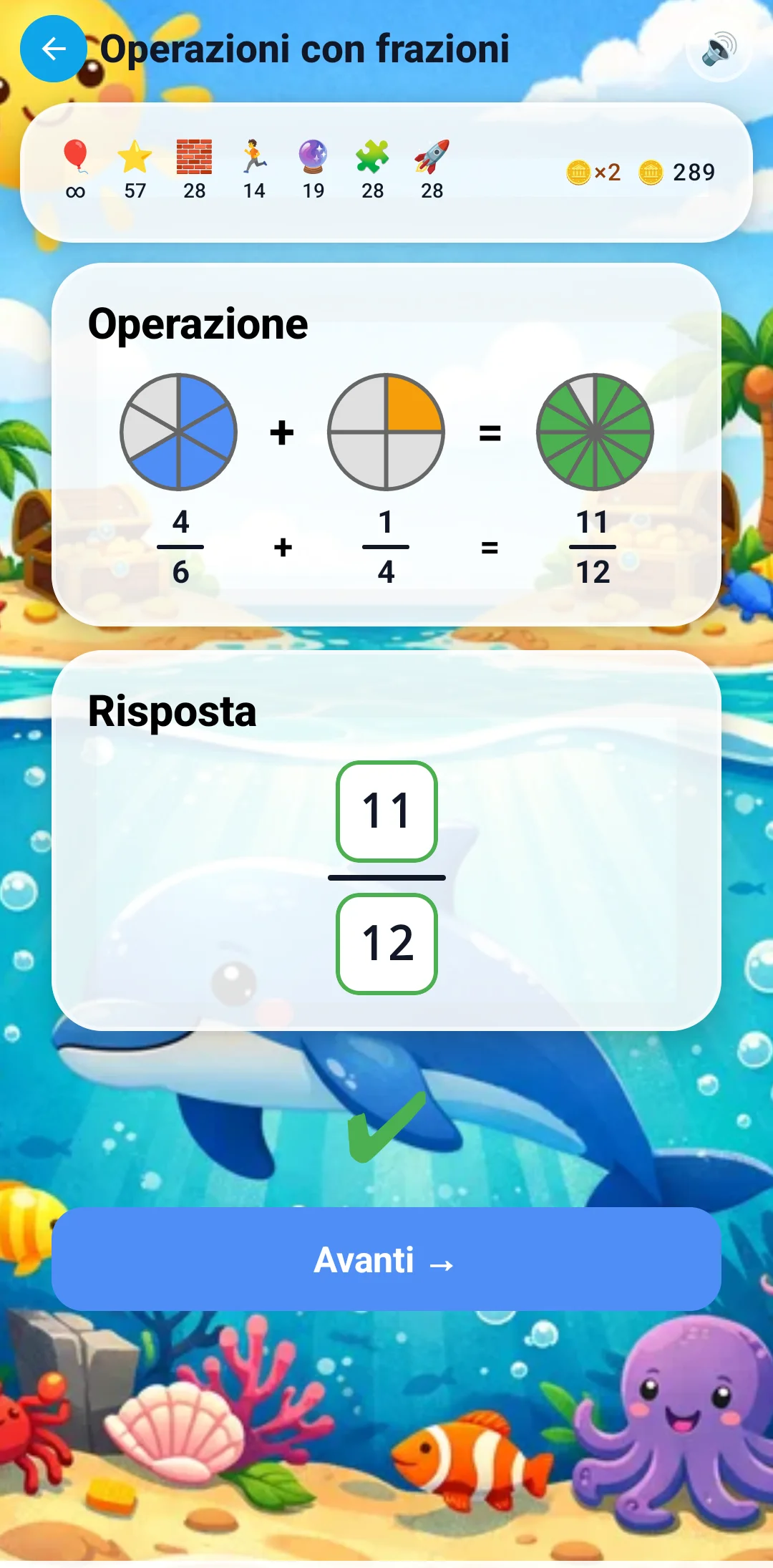 Addizione frazioni 4/6 + 1/4 = 11/12 con torte visuali