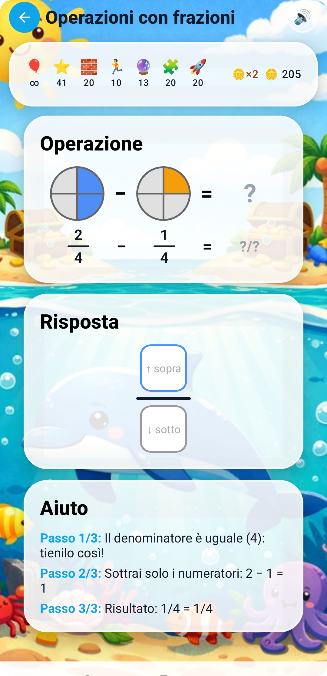 Sottrazione 2/4 - 1/4 con aiuto passo-passo