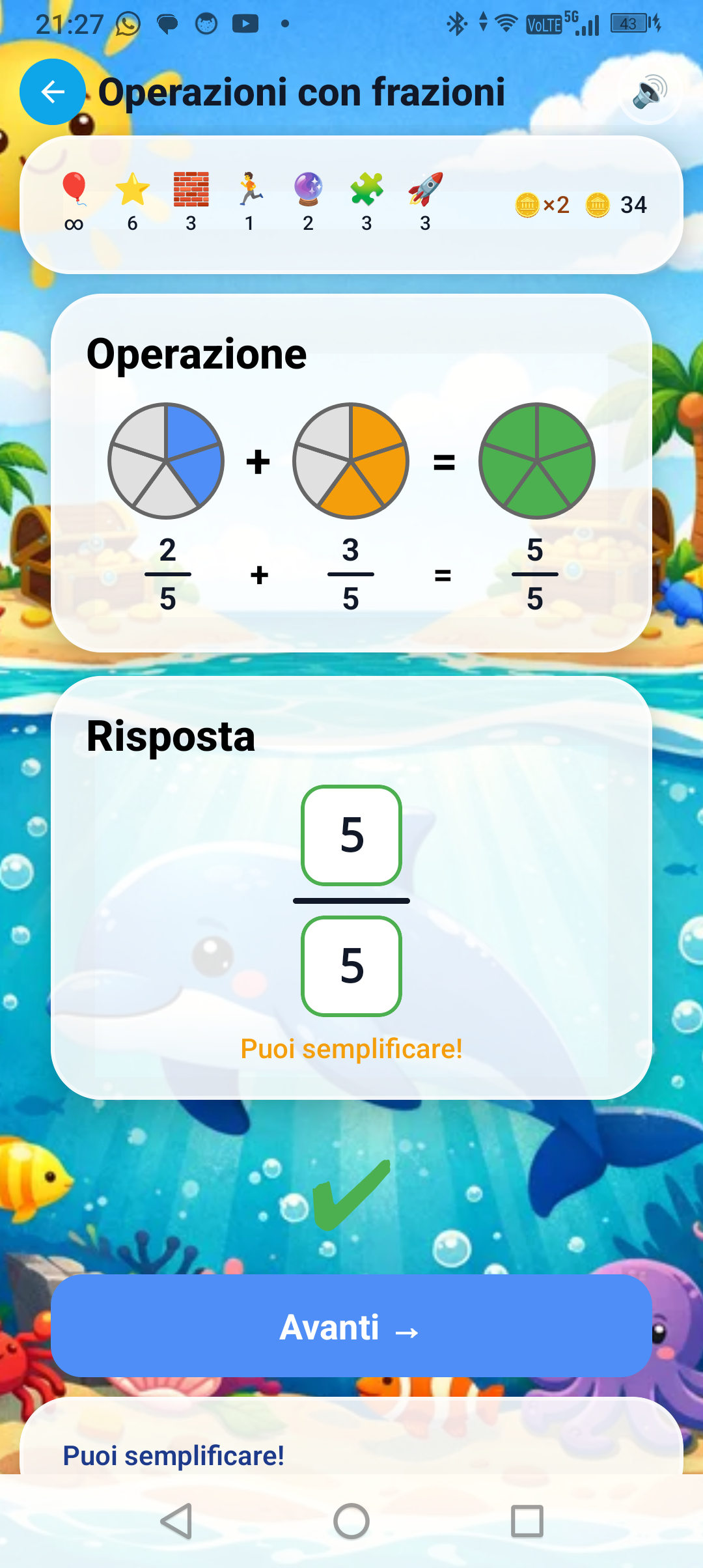 Addizione frazioni 1/5 + 3/10 con torte visuali passo-passo