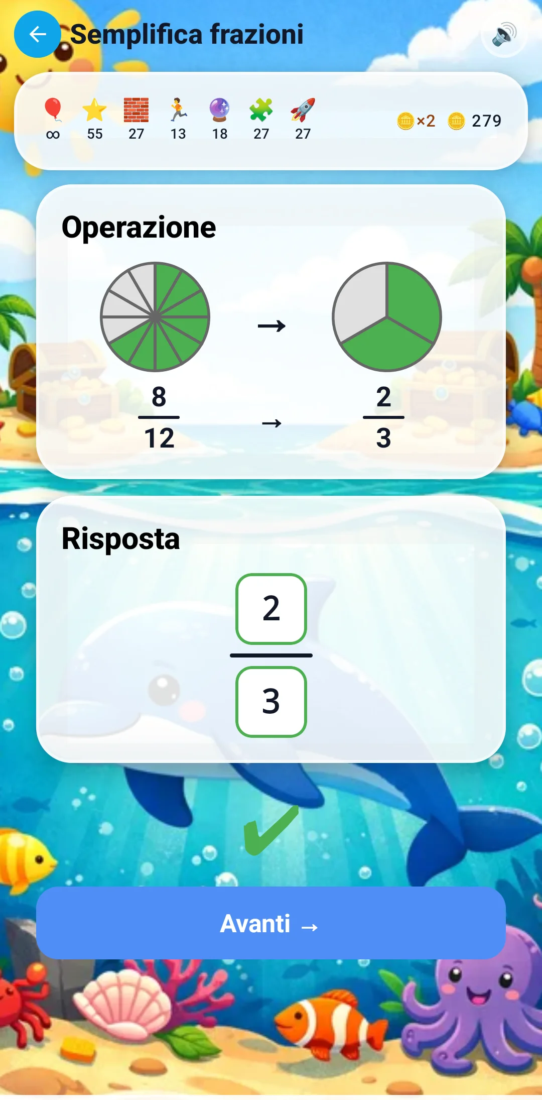 Semplifica frazioni: 8/12 diventa 2/3 con torte visuali