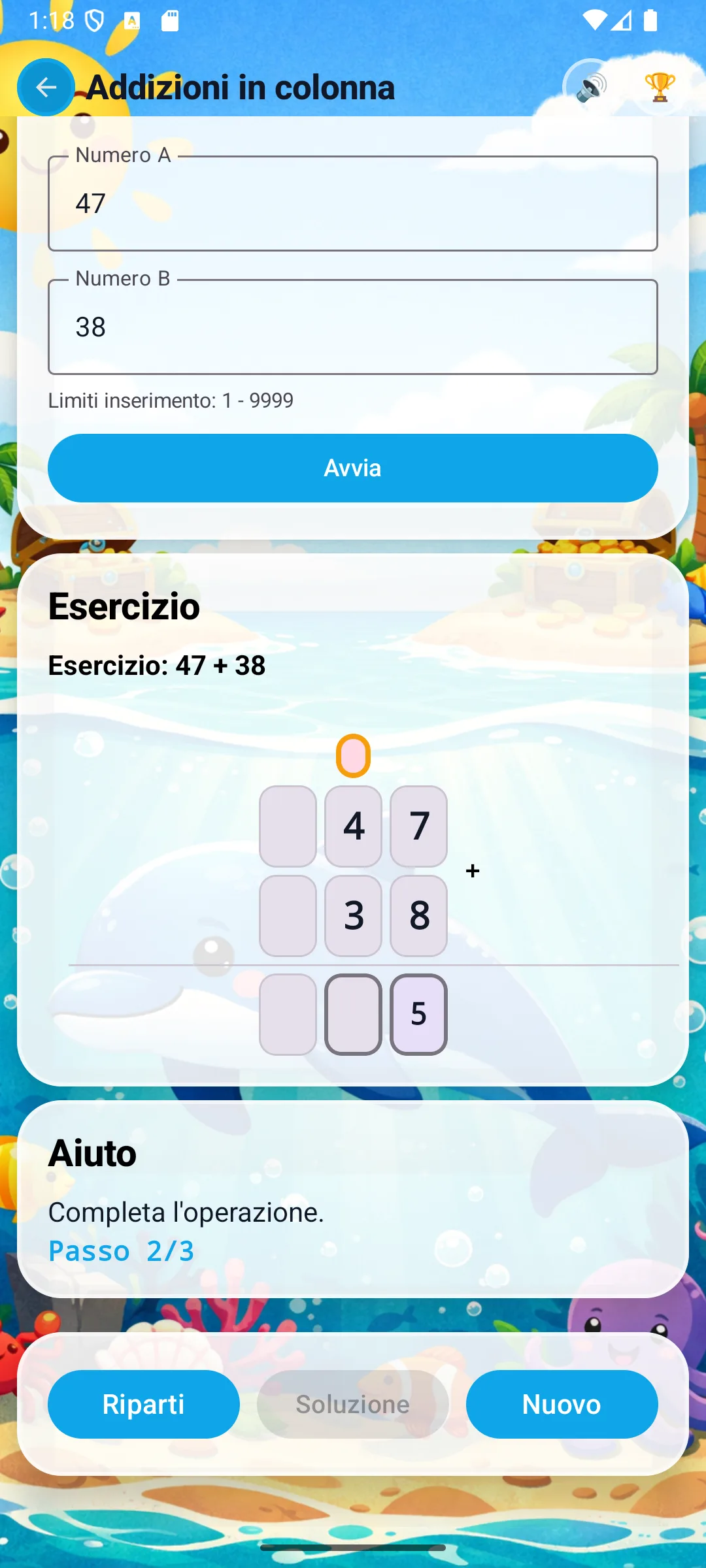 Addizione: 7+8=15, scritto 5, riporto evidenziato