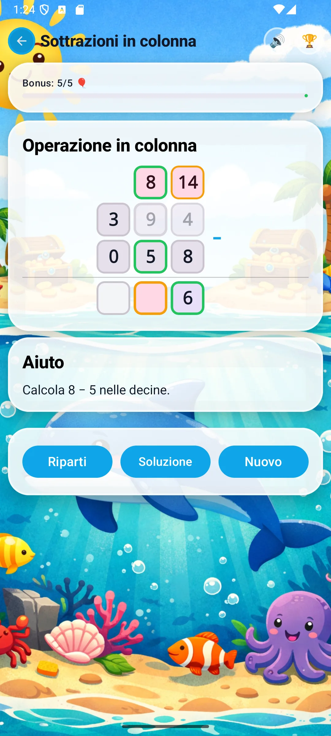 Sottrazione: 14-8=6 nelle unità